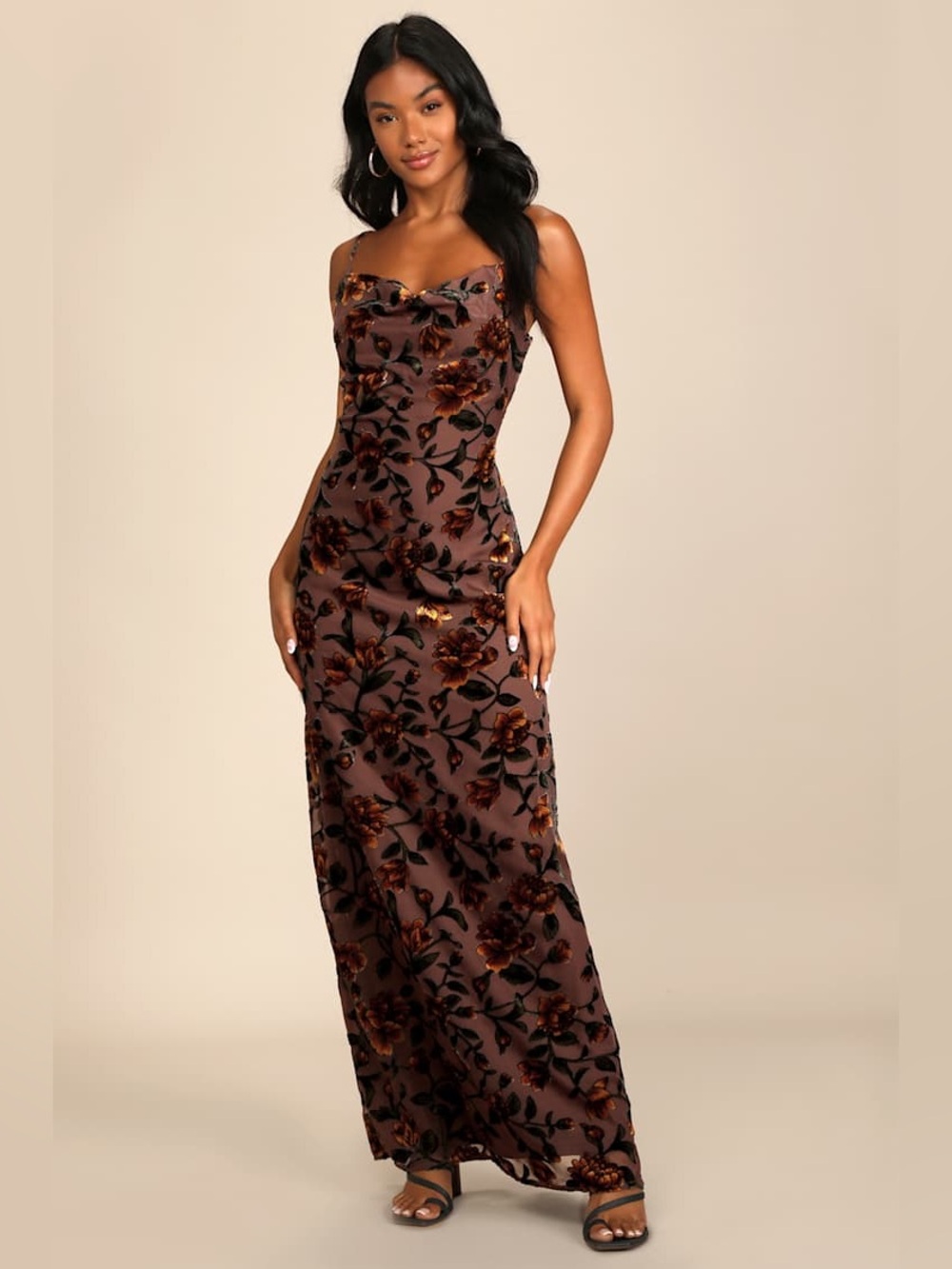 NEW LULUS Romance in the Making Plum Purple Floral Print Velvet Maxi Dress